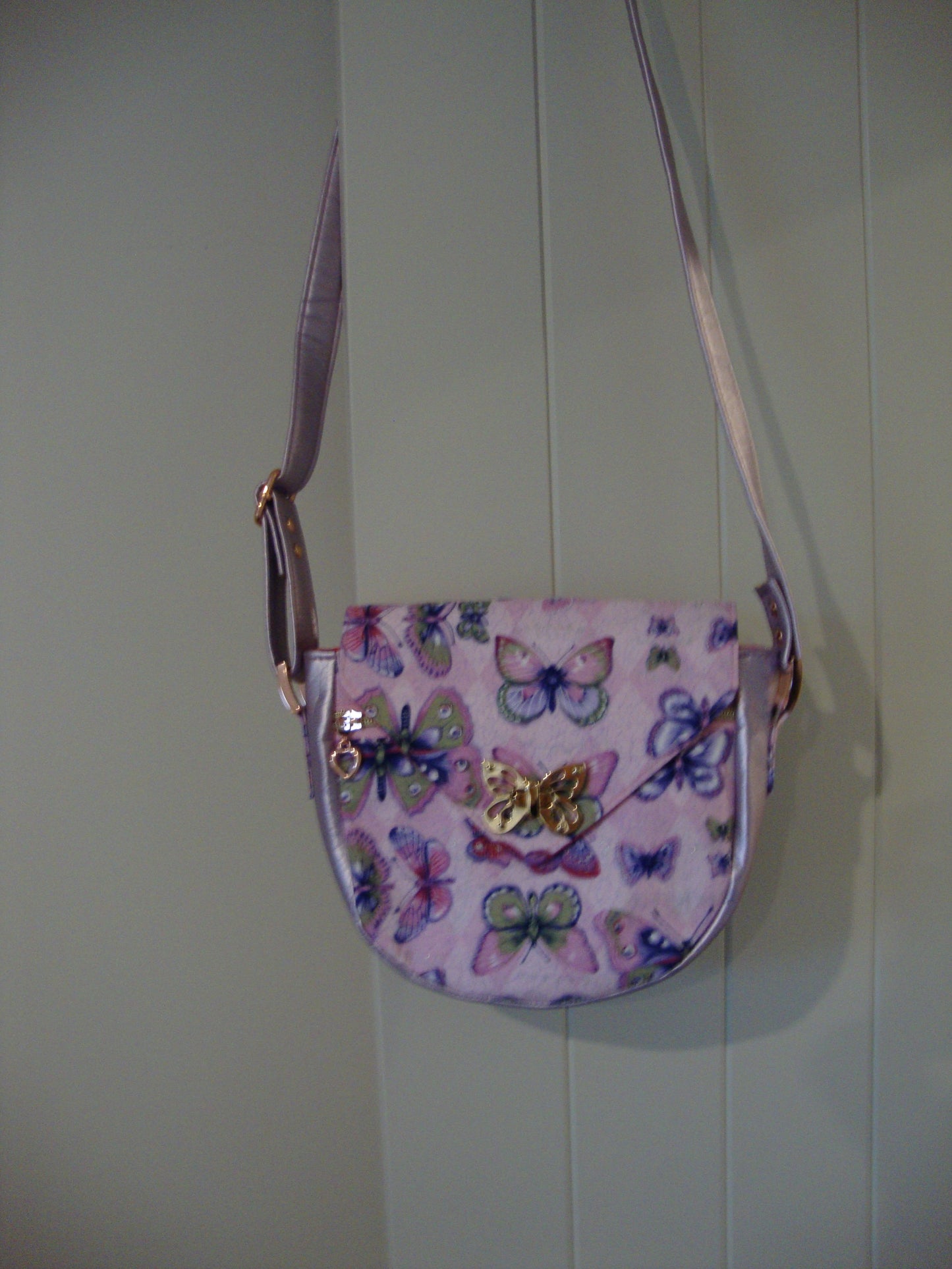 Pink and Purple Cotton Butterfly with Lilac Vinyl Crossbody Bag