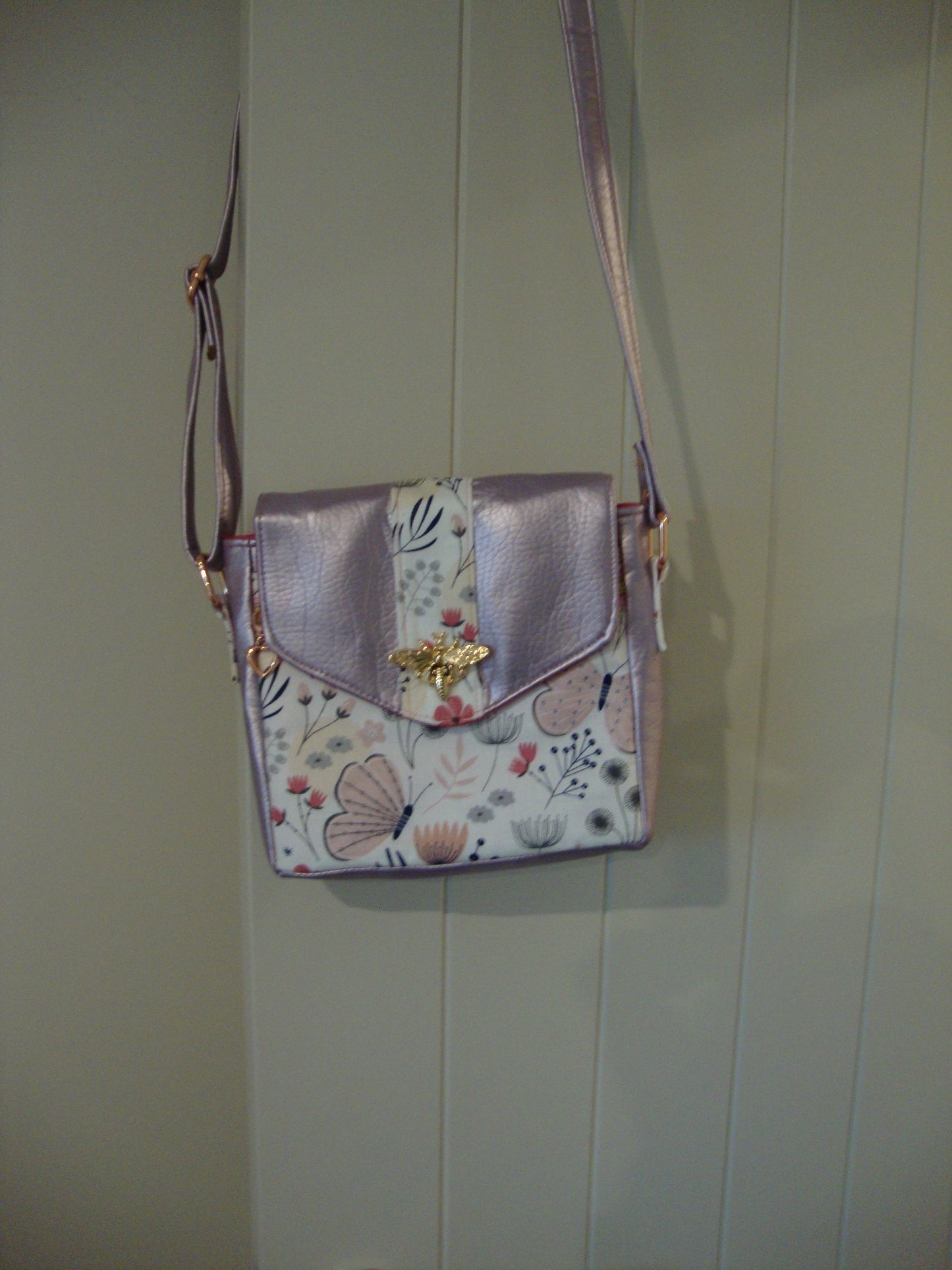 Pink Butterflies Cotton with Lilac Vinyl Crossbody Bag