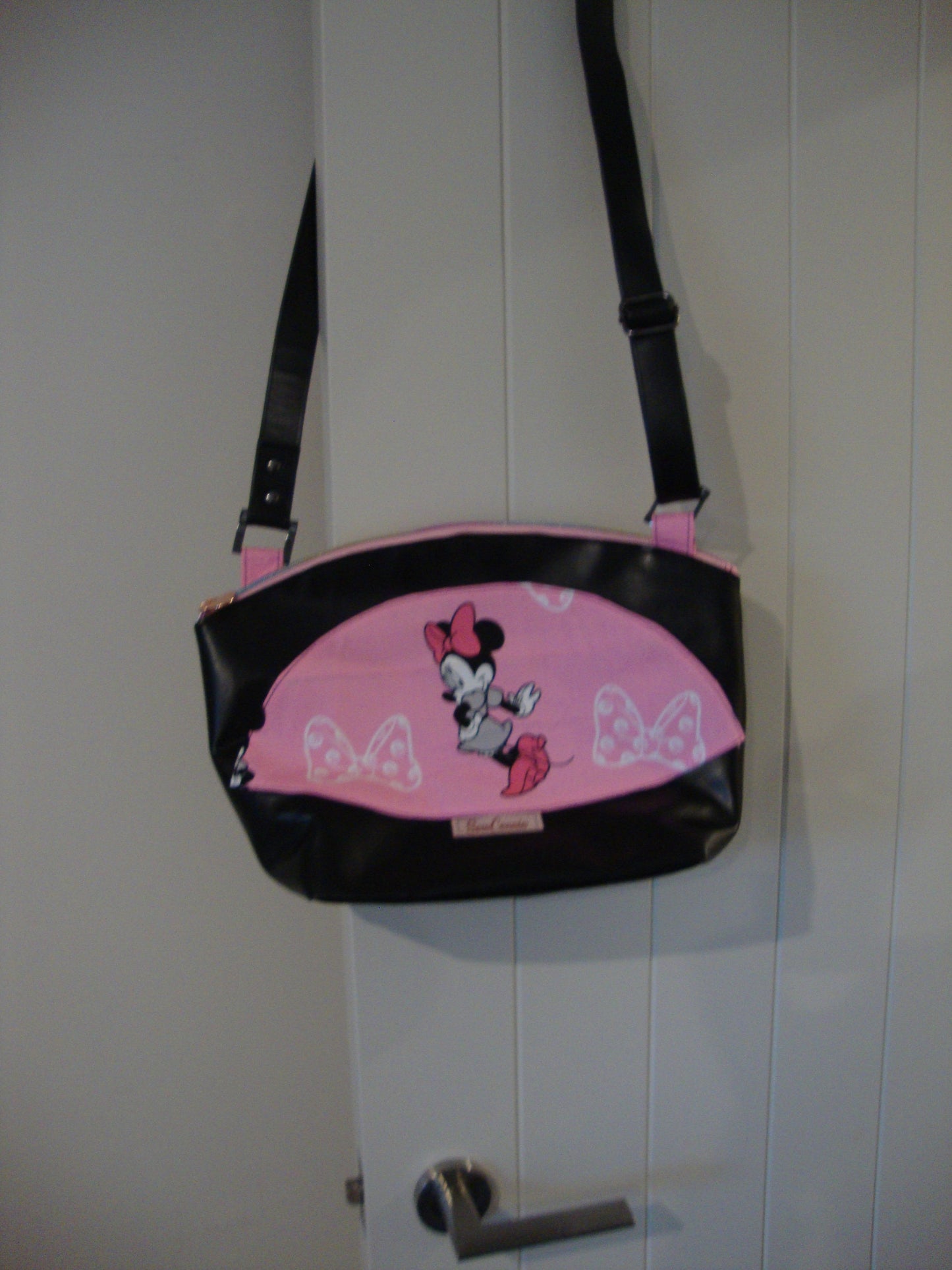 Pink Minnie Mouse Cotton with Black Vinyl Crossbody Bag