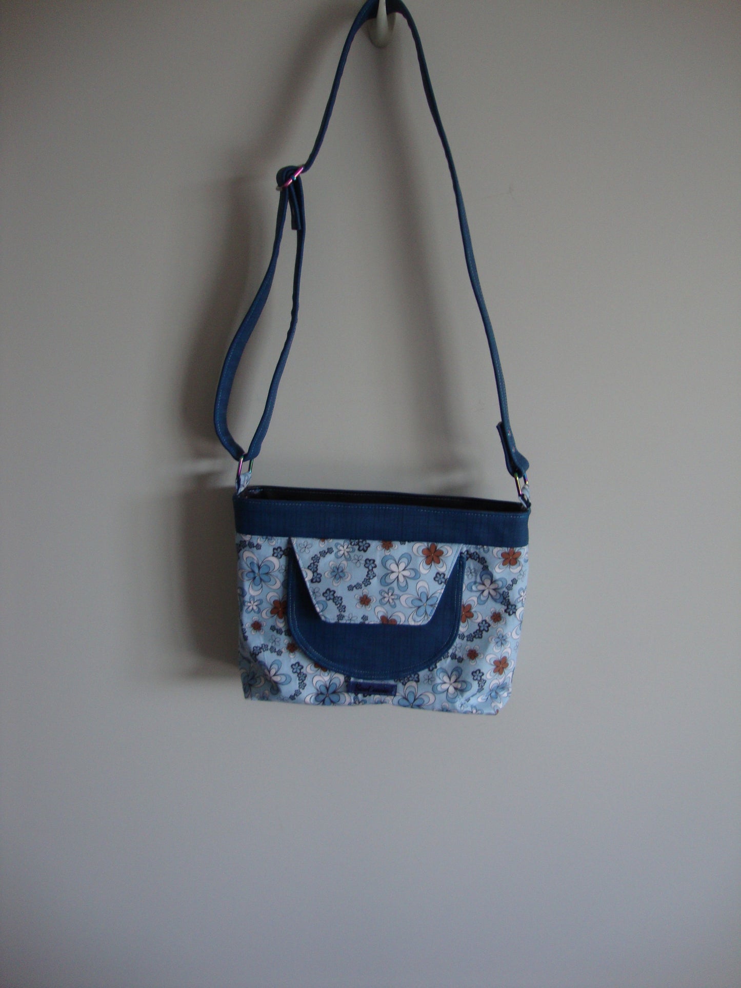 Blue and White Floral with Dark Blue Vinyl Crossbody Bag