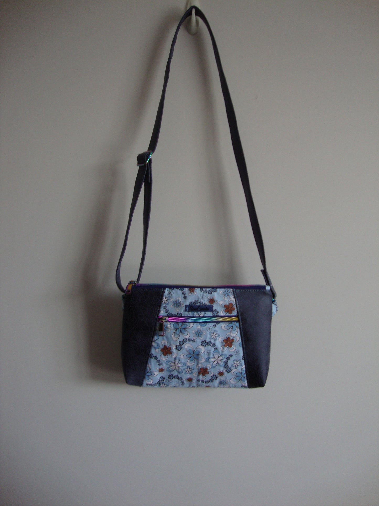 Blue and White Floral with Dark Blue Vinyl Crossbody Bag