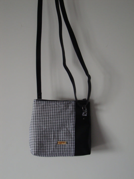 Black and White Checkered Squared with Black Vinyl Crossbody Bag