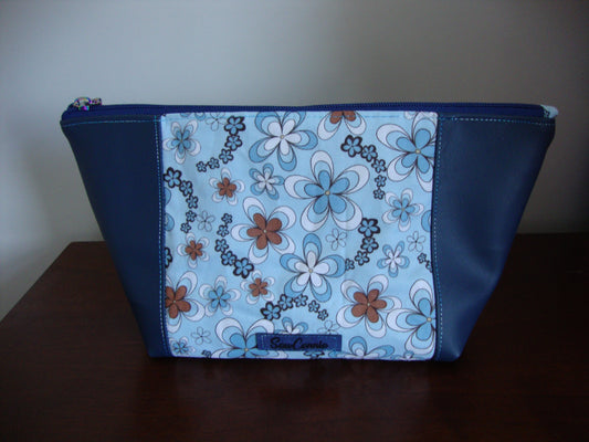 Blue and White Floral with Blue Vinyl make up Bag