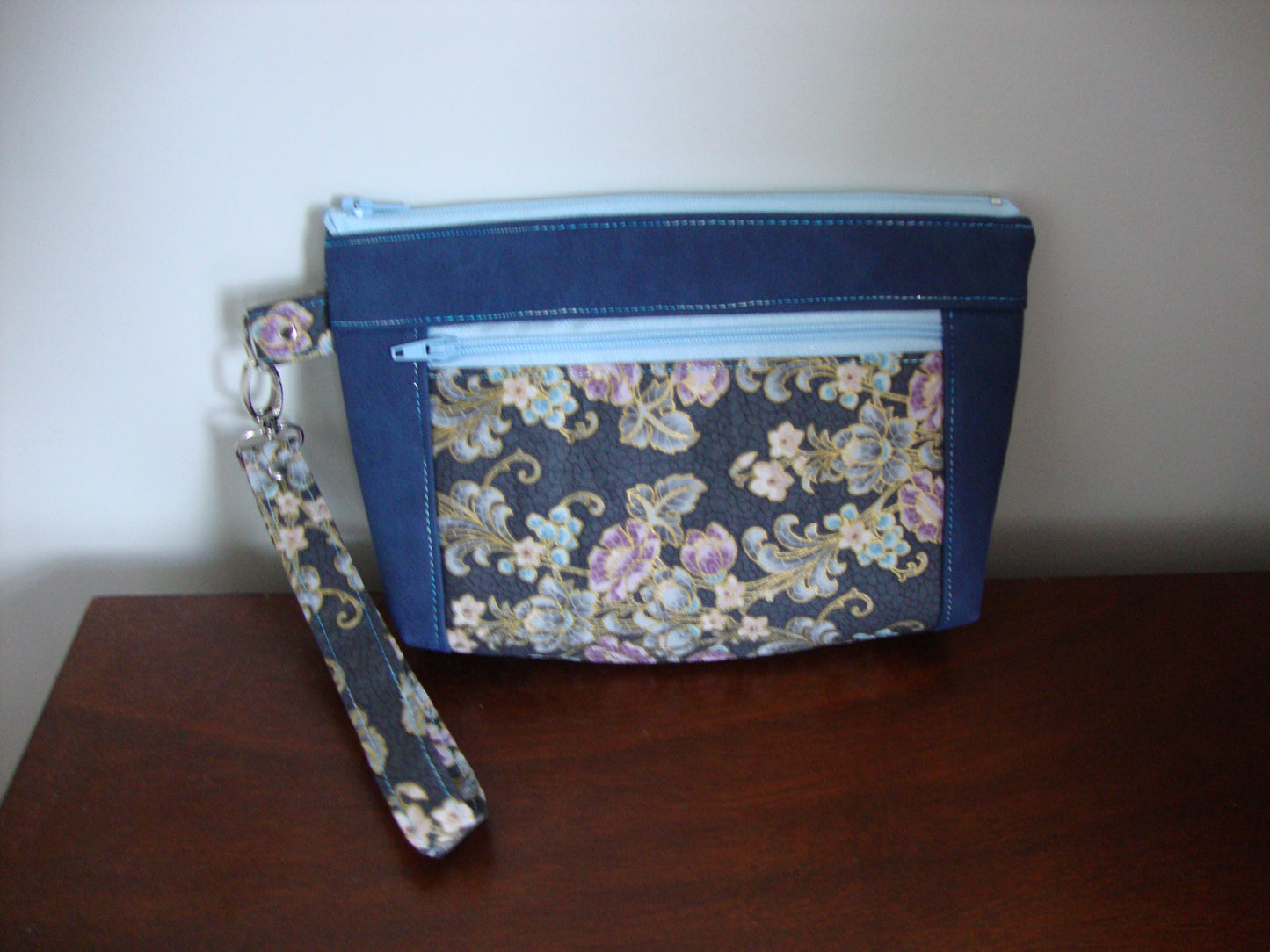 Blue and Grey wristlet