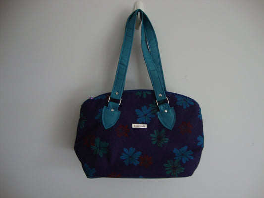 Denim flower with Turquoise Vinyl Handles Handbag
