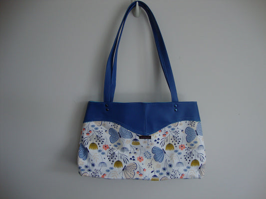 Blue Butterfly Cotton with Blue Vinyl Shoulder Bag