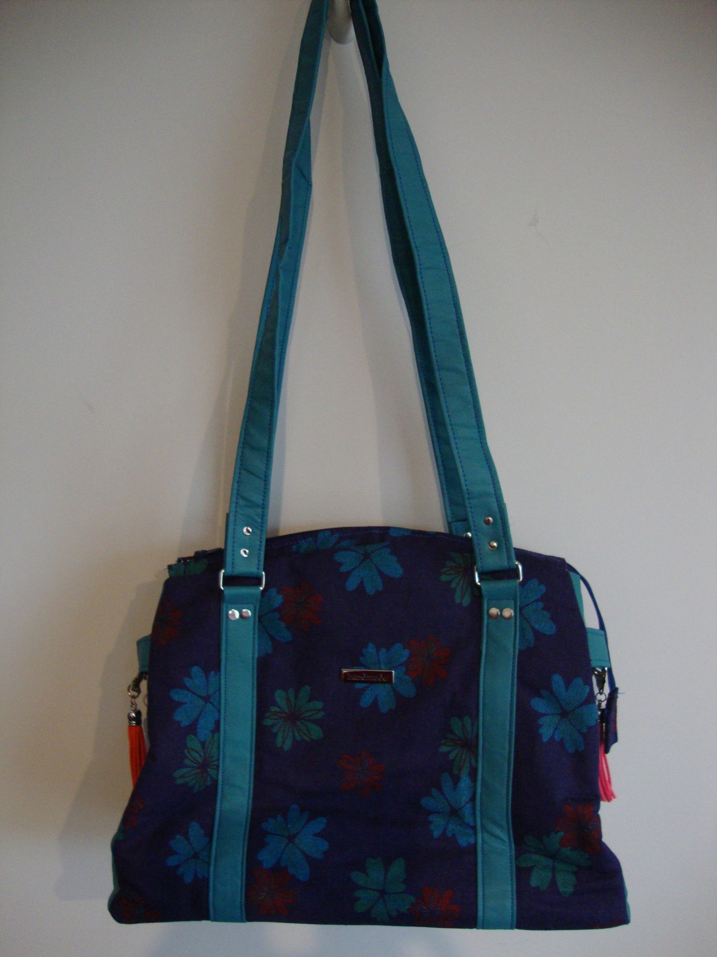 Denim Flower with Turquoise Vinyl Tote Bag